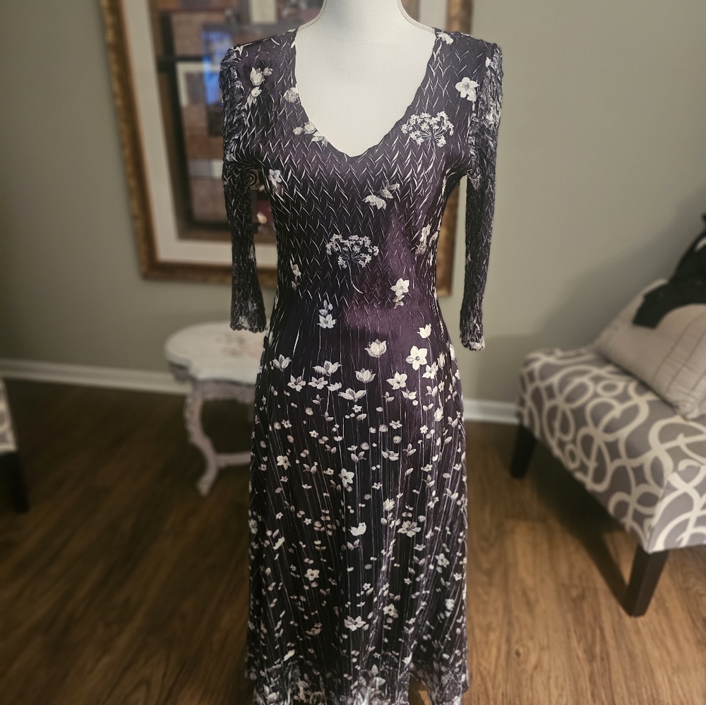 Komarov 3/4 sleeve Midnight Vine Floral Print Charmeuse Midi Dress